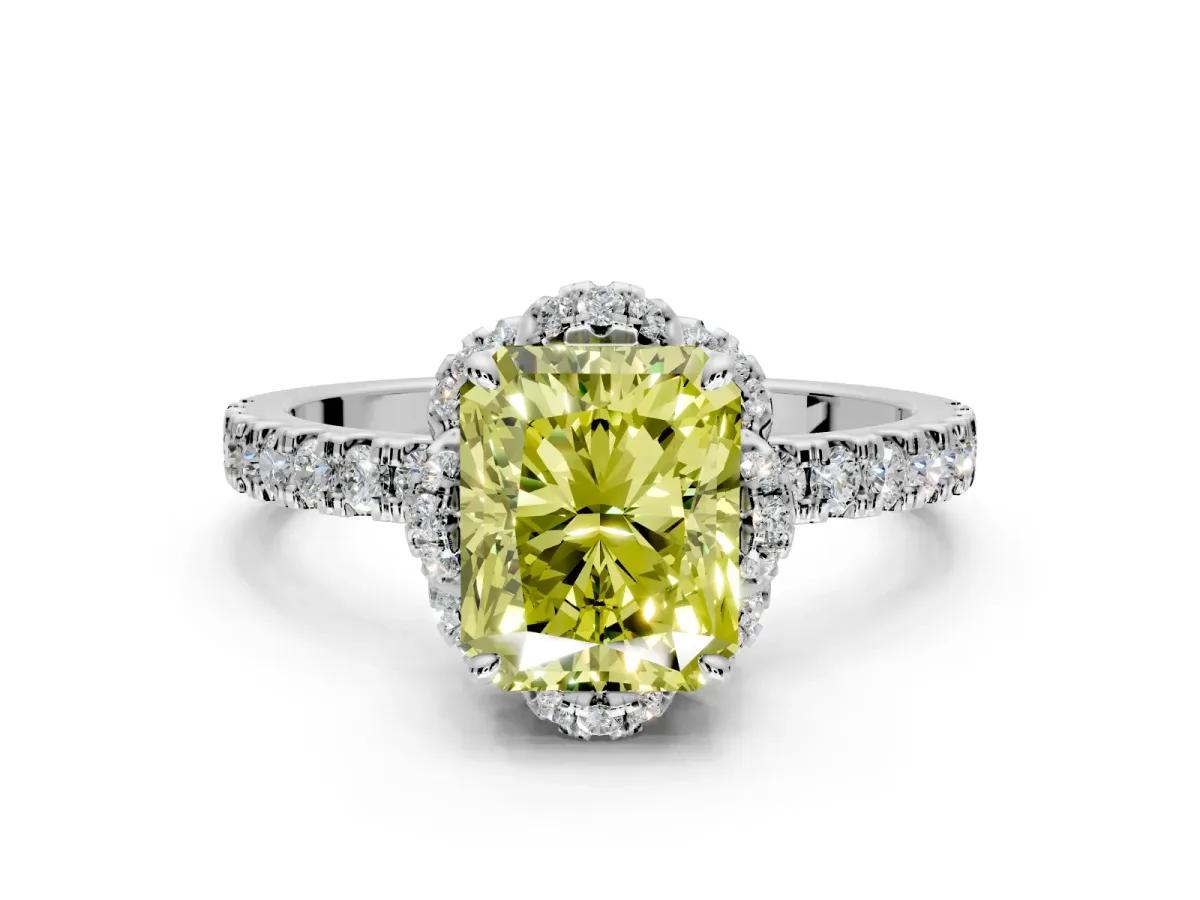 Halo Engagement Ring Setting for Fancy Yellow Radiant Cut Center with Openwork Halo, Pave Band and Prong Head in Sterling Silver