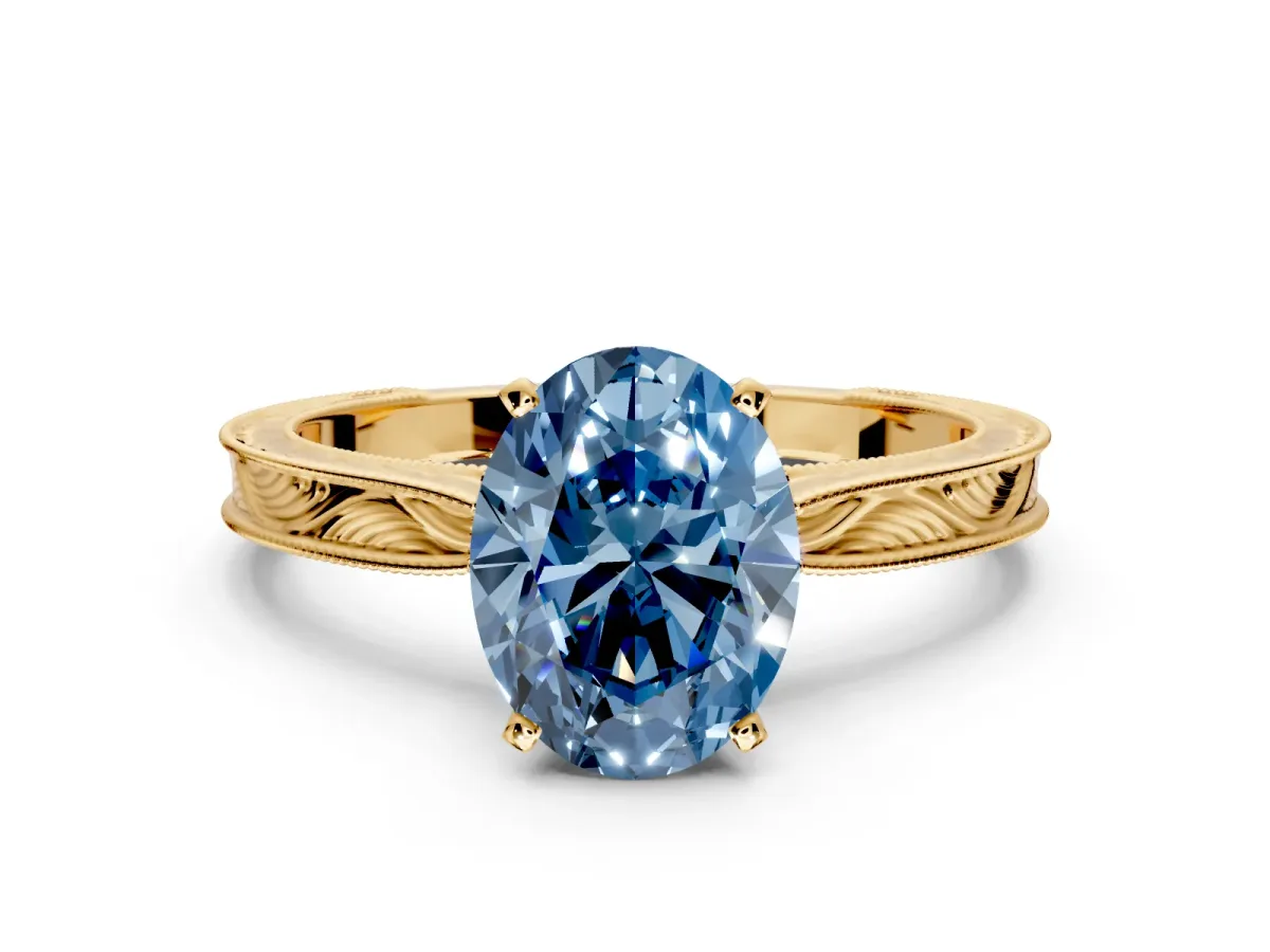 Solitaire Engagement Ring Setting for Fancy Blue Oval Center with Engraved Milgrain Band and Prong Head in Yellow Gold