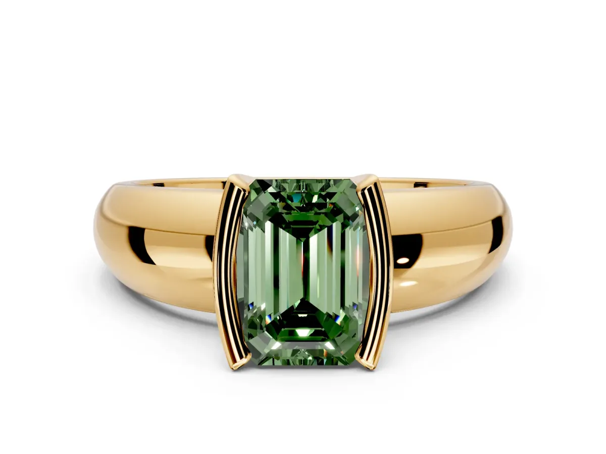 Tension Engagement Ring Setting for Fancy Green Emerald Cut Center with Wide Flat Band and Tension Head in Yellow Gold