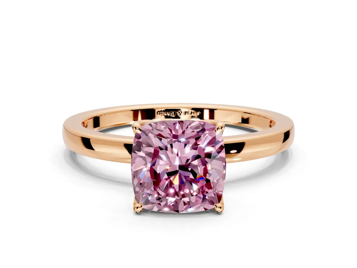 Solitaire Engagement Ring Setting for Fancy Pink Cushion Cut Center with Thin Rounded Plain Band and Prong Head in Rose Gold