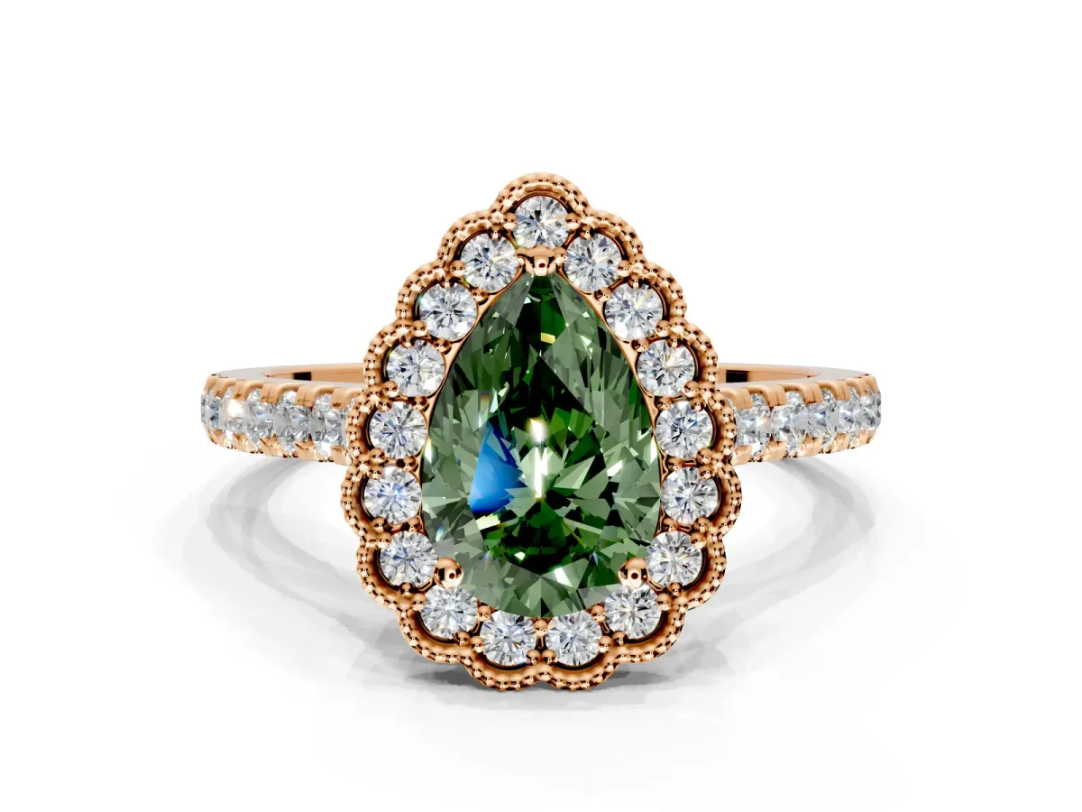 Milgrain Floral Halo Engagement Ring Setting for Fancy Green Pear-Shaped Center with Pave Band and Prong Head in Rose Gold
