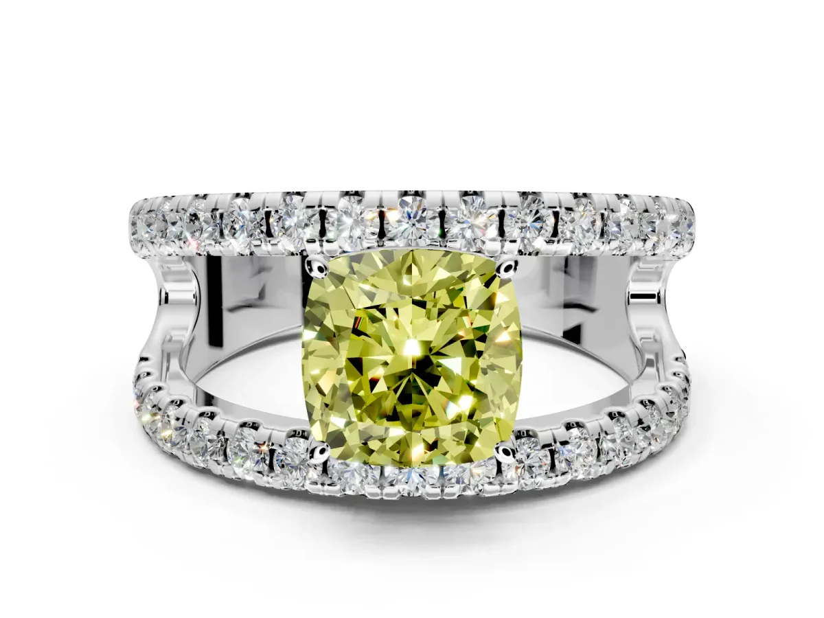 Solitaire Engagement Ring Setting for Fancy Yellow Cushion Cut Center with Wide-Open Split Shank and Prong Head in Platinum