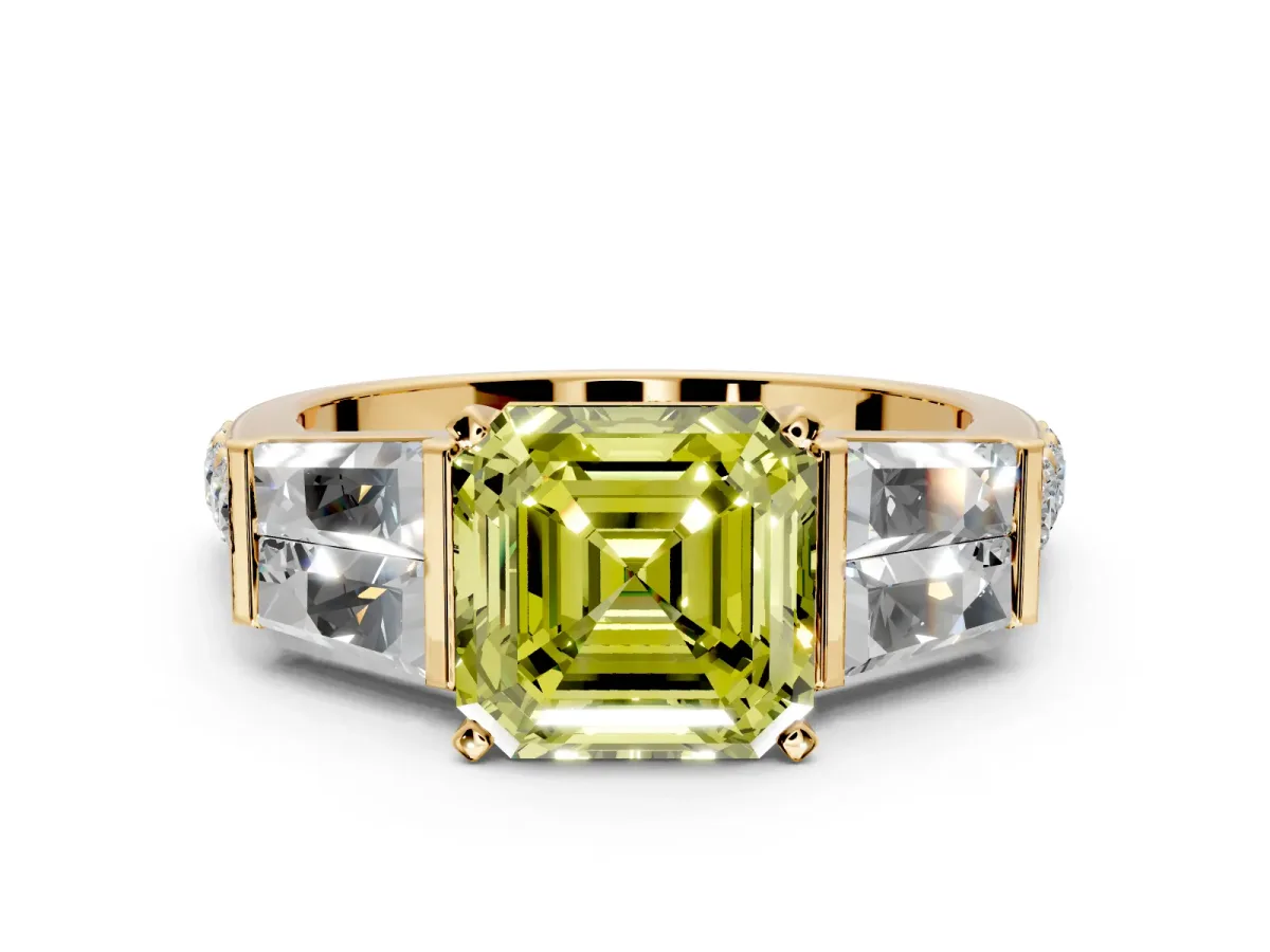 Channel-Set Engagement Ring Setting for Fancy Yellow Asscher Cut Center with Baguette Band and Prong Head in Yellow Gold