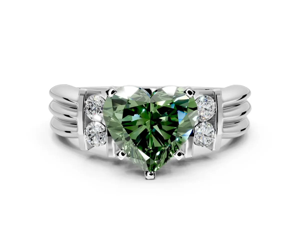Solitaire Engagement Ring Setting for Fancy Green Heart-Shaped Center with Grooved Bar Accent Band and Prong Head in Platinum