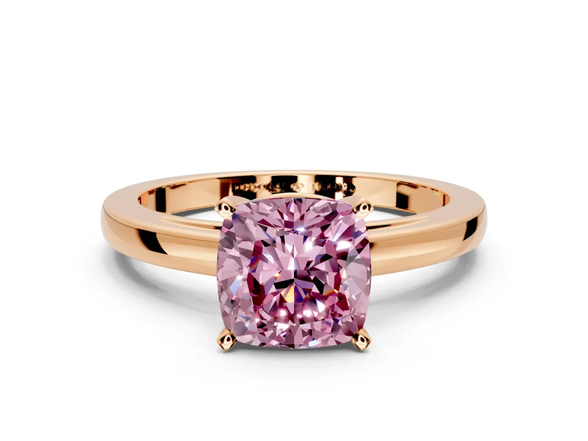 Solitaire Engagement Ring Setting for Fancy Pink Cushion Cut Center with Basket Rail and Prong Head in Rose Gold