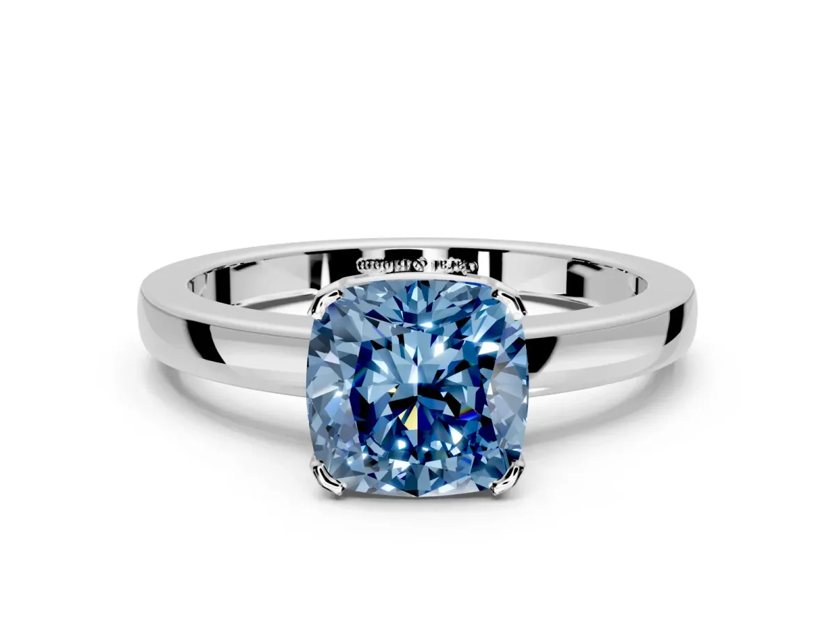 Solitaire Engagement Ring Setting for Fancy Blue Cushion Cut Center with Plain Band and Flat Tab Prong Head in Sterling Silver