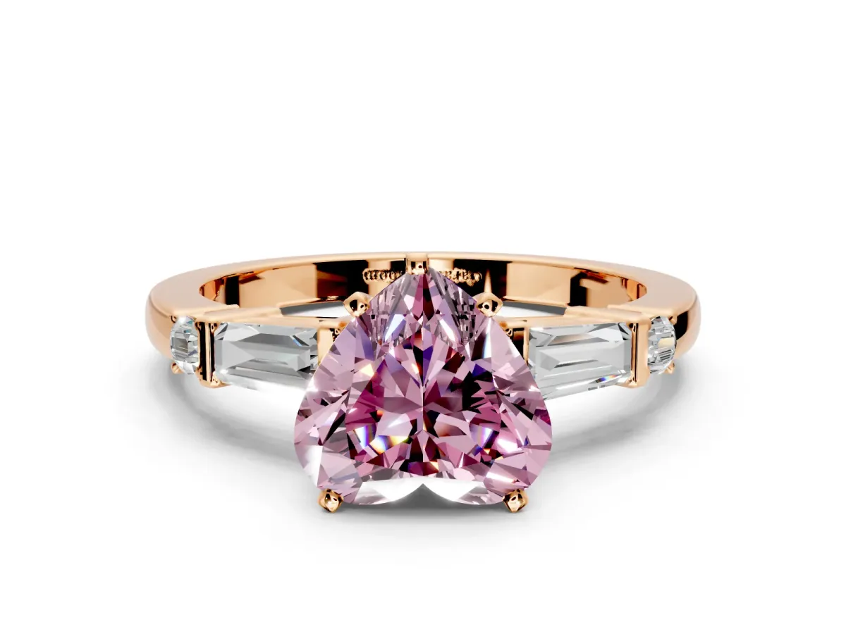 Bar-Set Engagement Ring Setting for Fancy Pink Heart-Shaped Center with Tapered Baguette Accents and Prong Head in Rose Gold