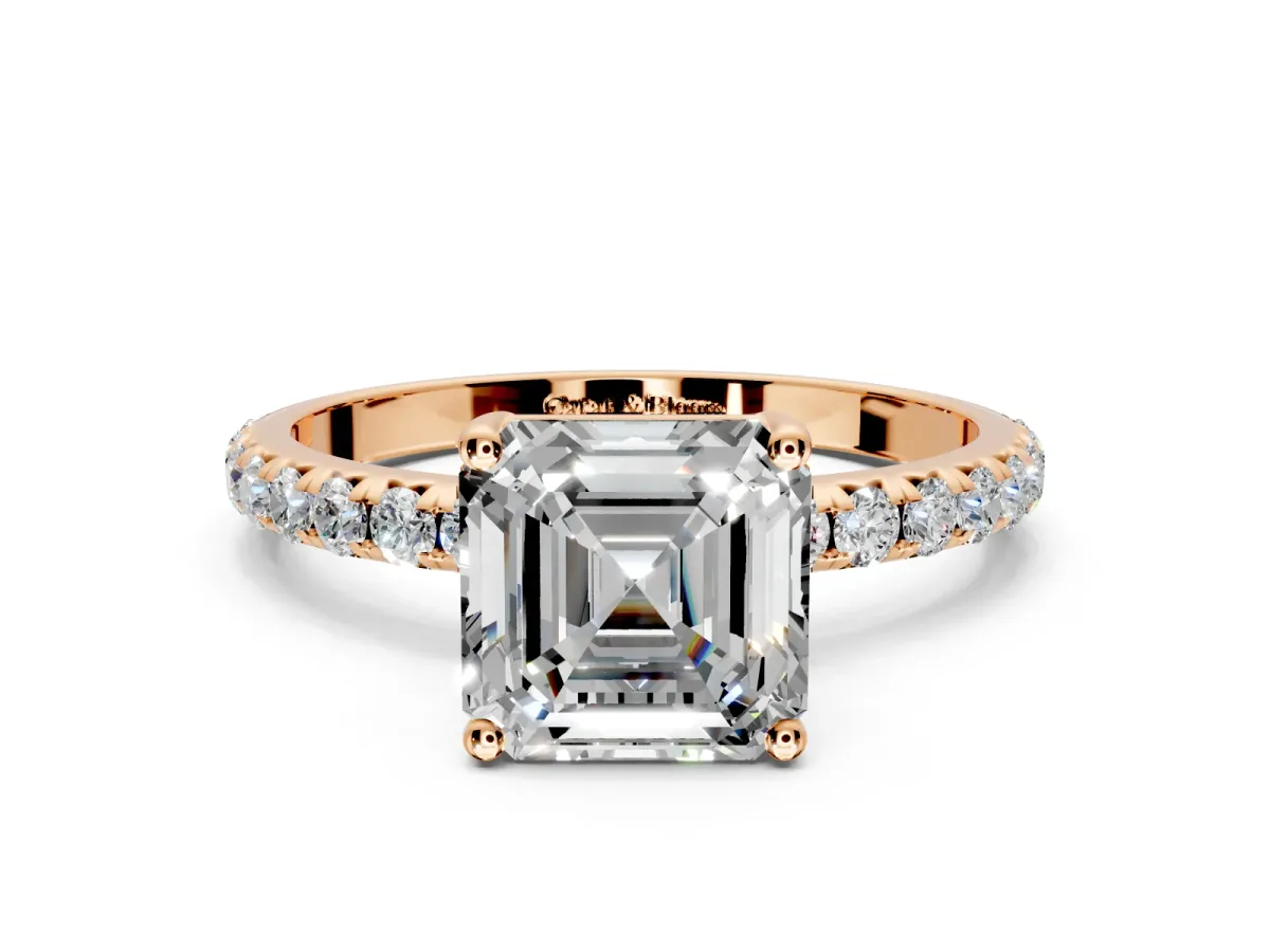 Solitaire Engagement Ring Setting for Asscher Cut Center with Micro Pave Band and Prong Head in Rose Gold