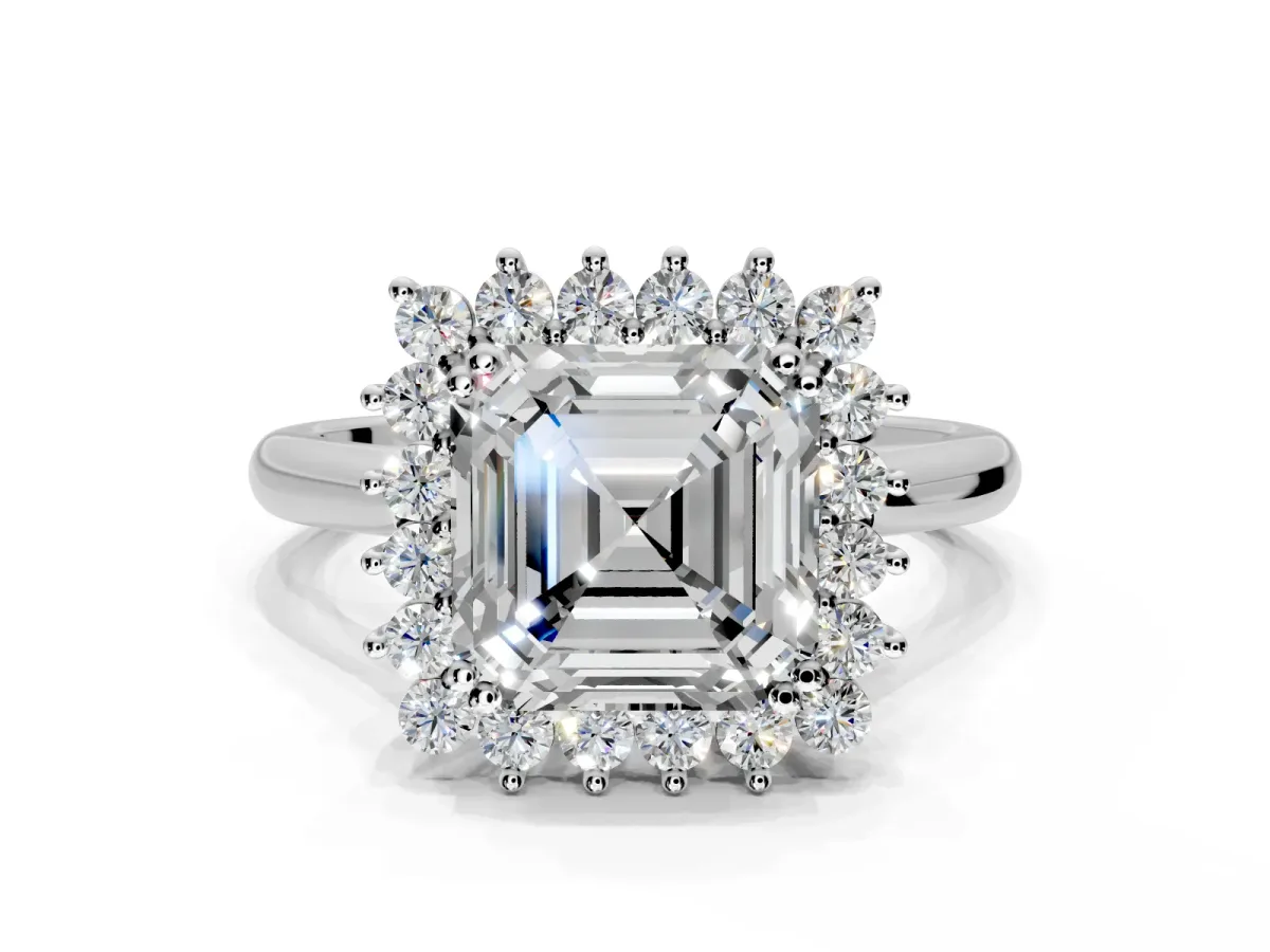 Starburst Halo Engagement Ring Setting for Asscher Cut Center with Thin Round-Wire Band and Prong Head in Platinum