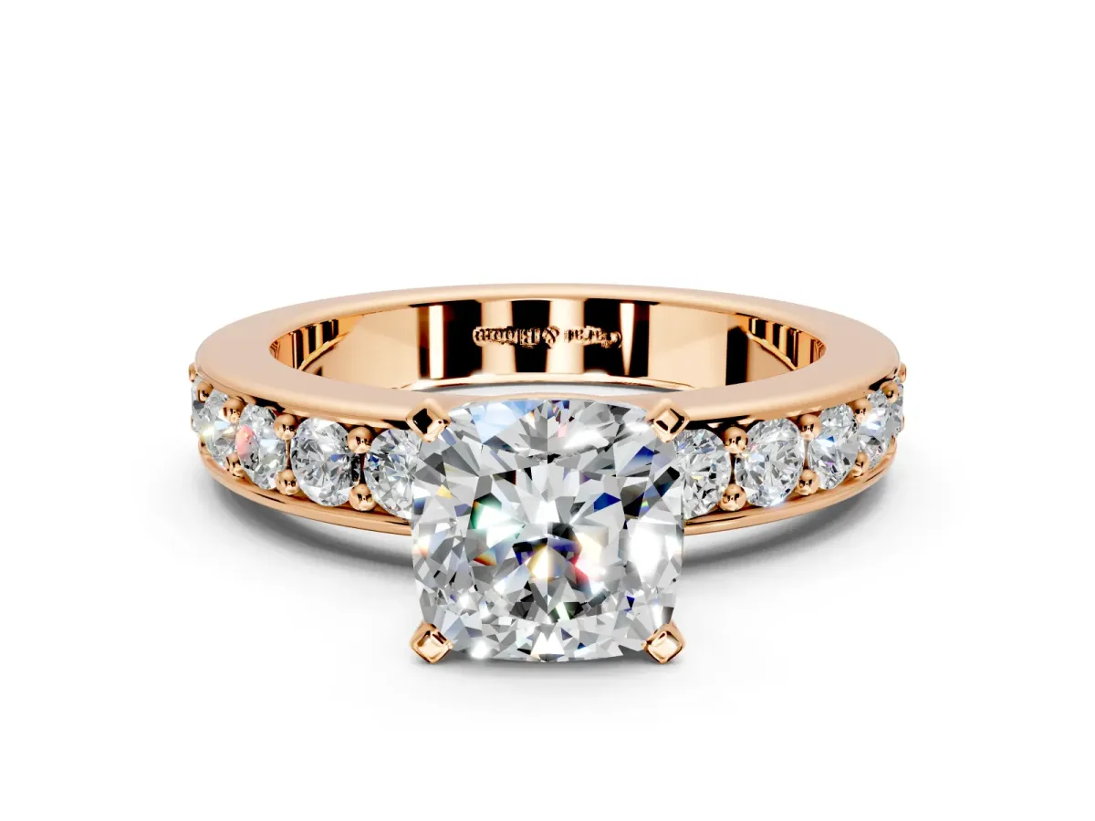 Solitaire Engagement Ring Setting for Cushion Cut Center with Channel-Set Accents and Prong Head in Rose Gold