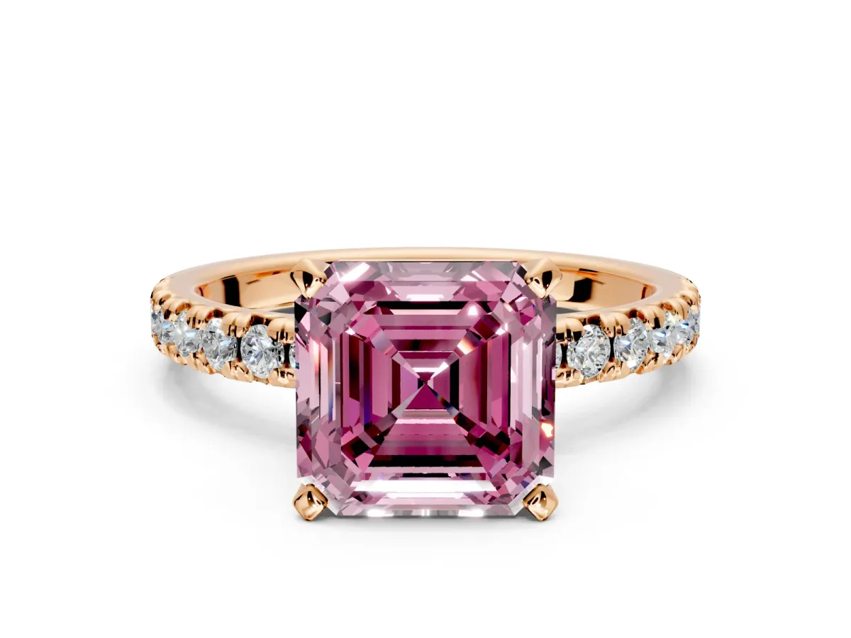 Solitaire Engagement Ring Setting for Fancy Pink Asscher Cut Center with Large Accents and Prong Head in Rose Gold
