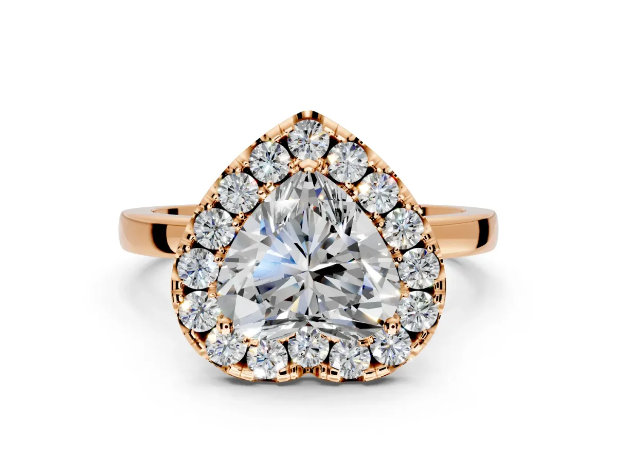 Halo Engagement Ring Setting for Heart-Shaped Center with Thin Plain Band and Prong Head in Rose Gold