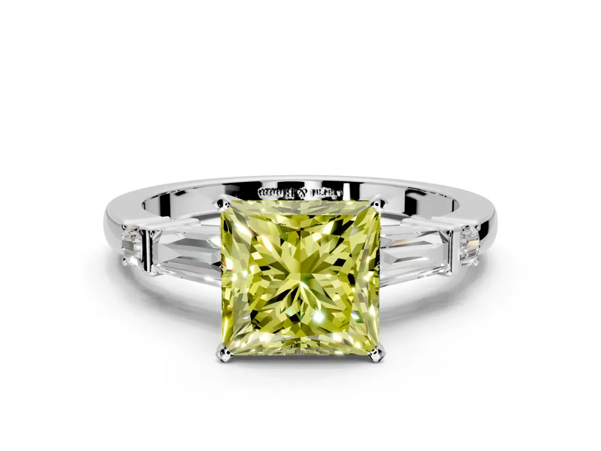 Bar-Set Engagement Ring Setting for Fancy Yellow Princess Cut Center with Tapered Baguette Accents and Prong Head in White Gold