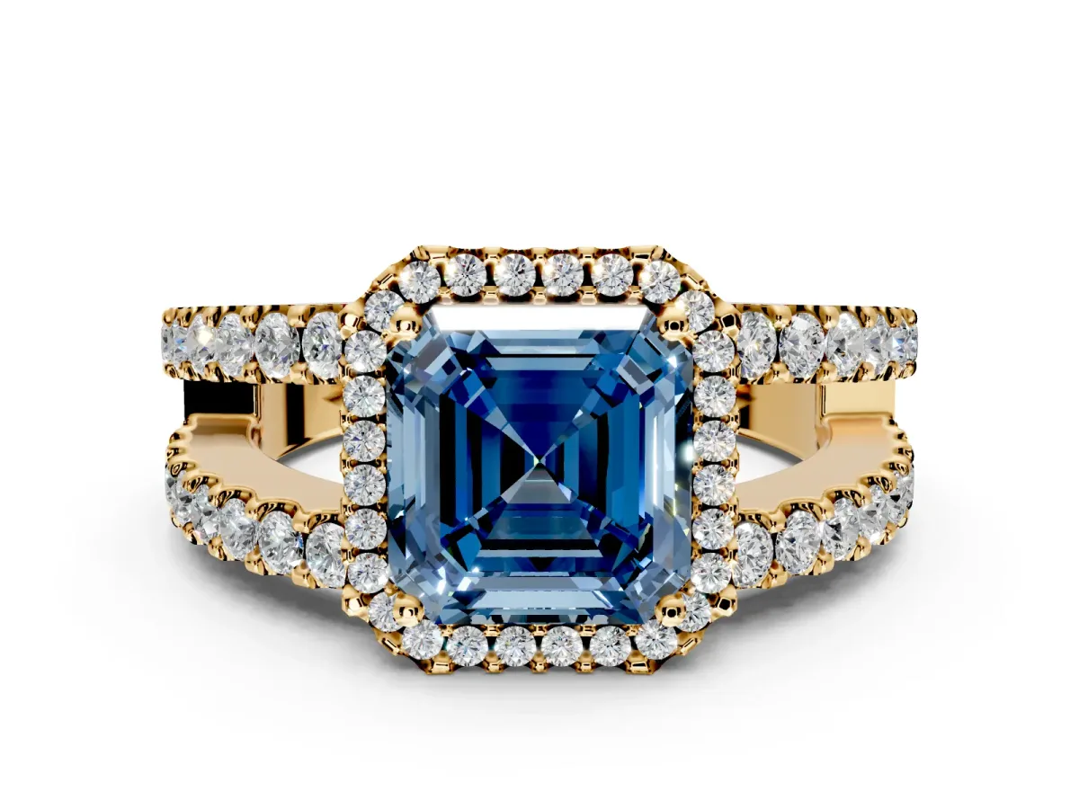 Halo Engagement Ring Setting for Fancy Blue Asscher Cut Center with Wide-Open Pave Split Shank and Prong Head in Yellow Gold