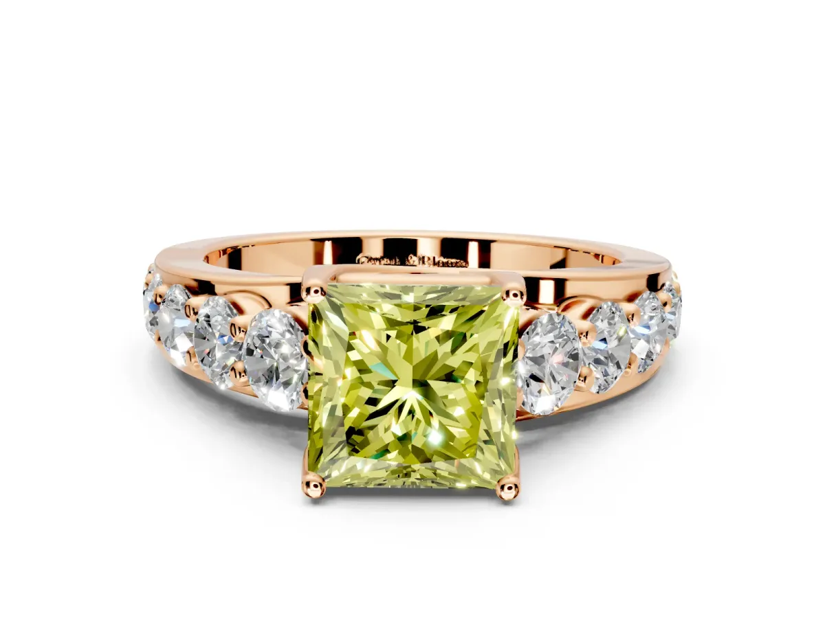 Solitaire Engagement Ring Setting for Fancy Yellow Princess Cut Center with Graduated Shared Prongs and Prong Head in Rose Gold