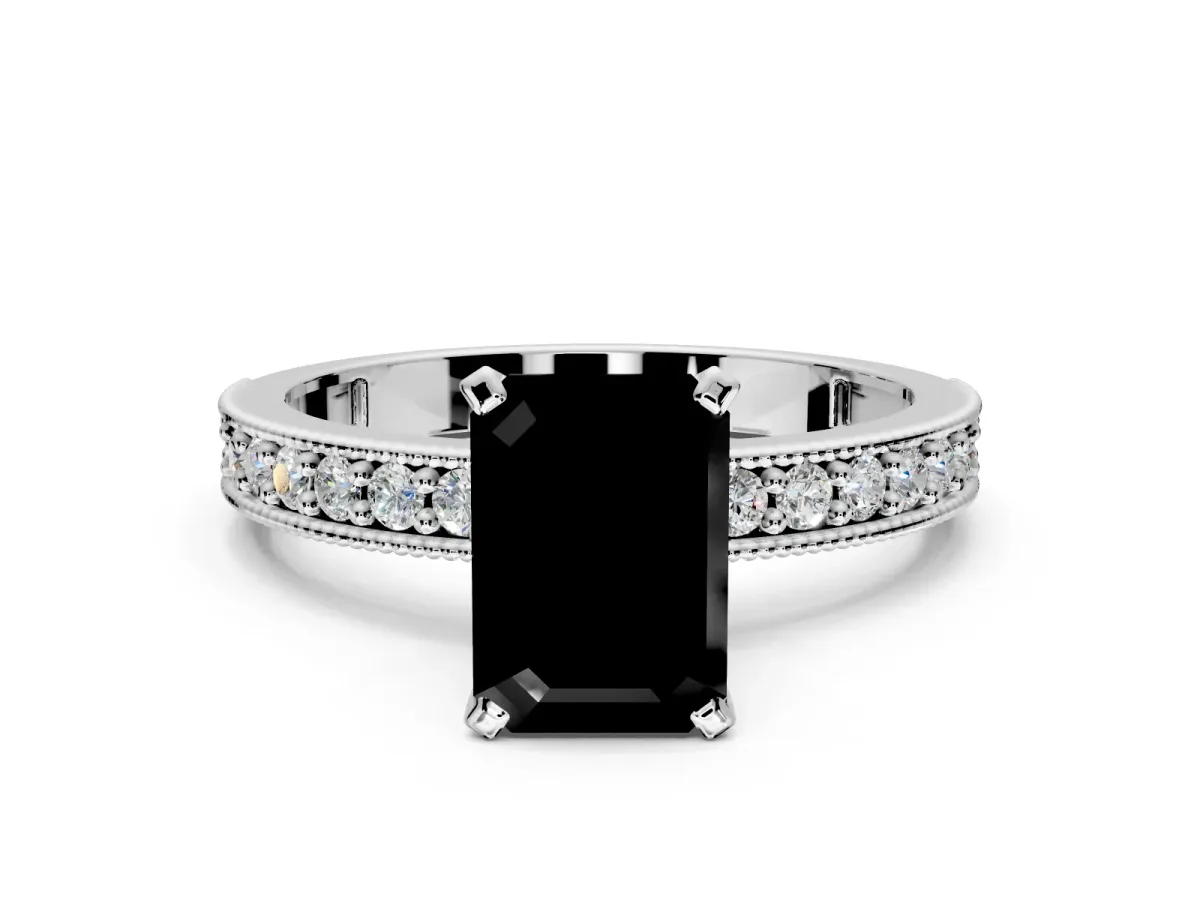 Milgrain Pave Engagement Ring Setting for Fancy Black Emerald Cut Center with Accent Band and Prong Head in Platinum