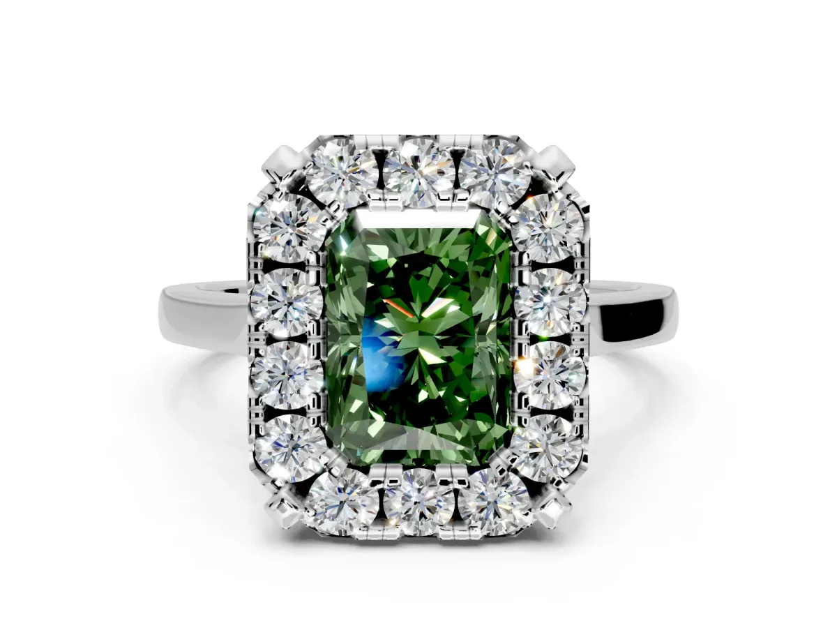 Single Halo Engagement Ring Setting for Fancy Green Radiant Cut Center with Corner Claws, Plain Band and Prong Head in Platinum