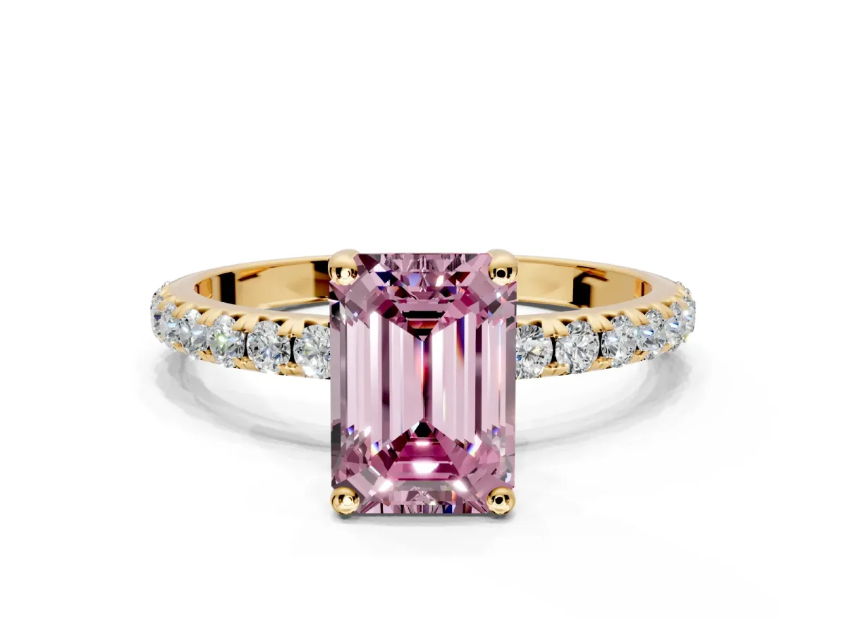 Solitaire Engagement Ring Setting for Fancy Pink Emerald Cut Center with Micro Pave Band and Prong Head in Yellow Gold