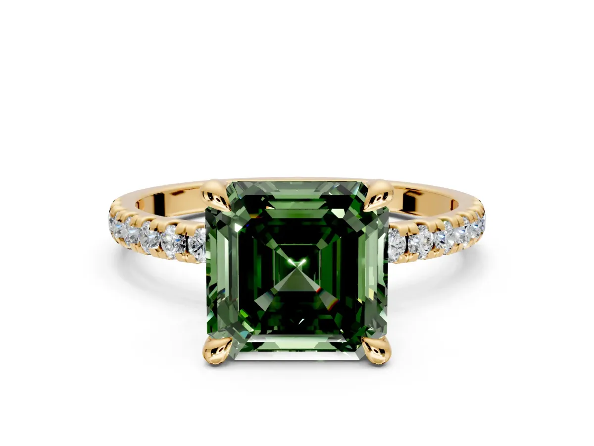 Solitaire Engagement Ring Setting for Fancy Green Asscher Cut Center with Fine Pave Narrow Band and Prong Head in Yellow Gold