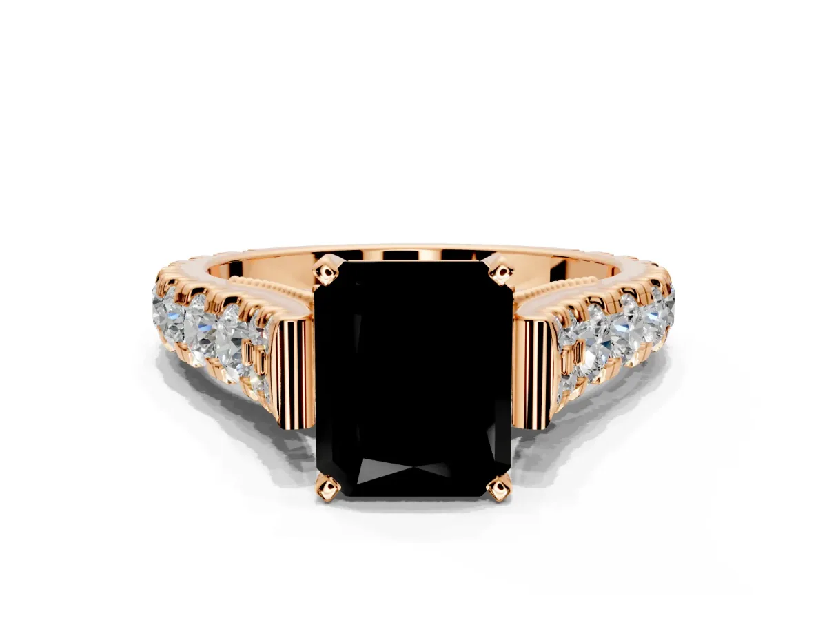 Solitaire Engagement Ring Setting for Fancy Black Radiant Cut Center with Pave Cathedral Shoulders and Prong Head in Rose Gold