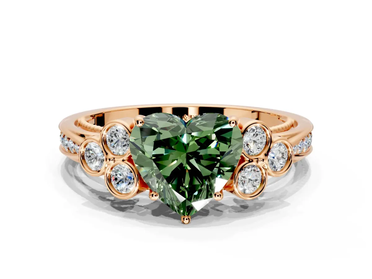 Cluster Engagement Ring Setting for Fancy Green Heart-Shaped Center with Bezel Accent Clusters and Prong Head in Rose Gold