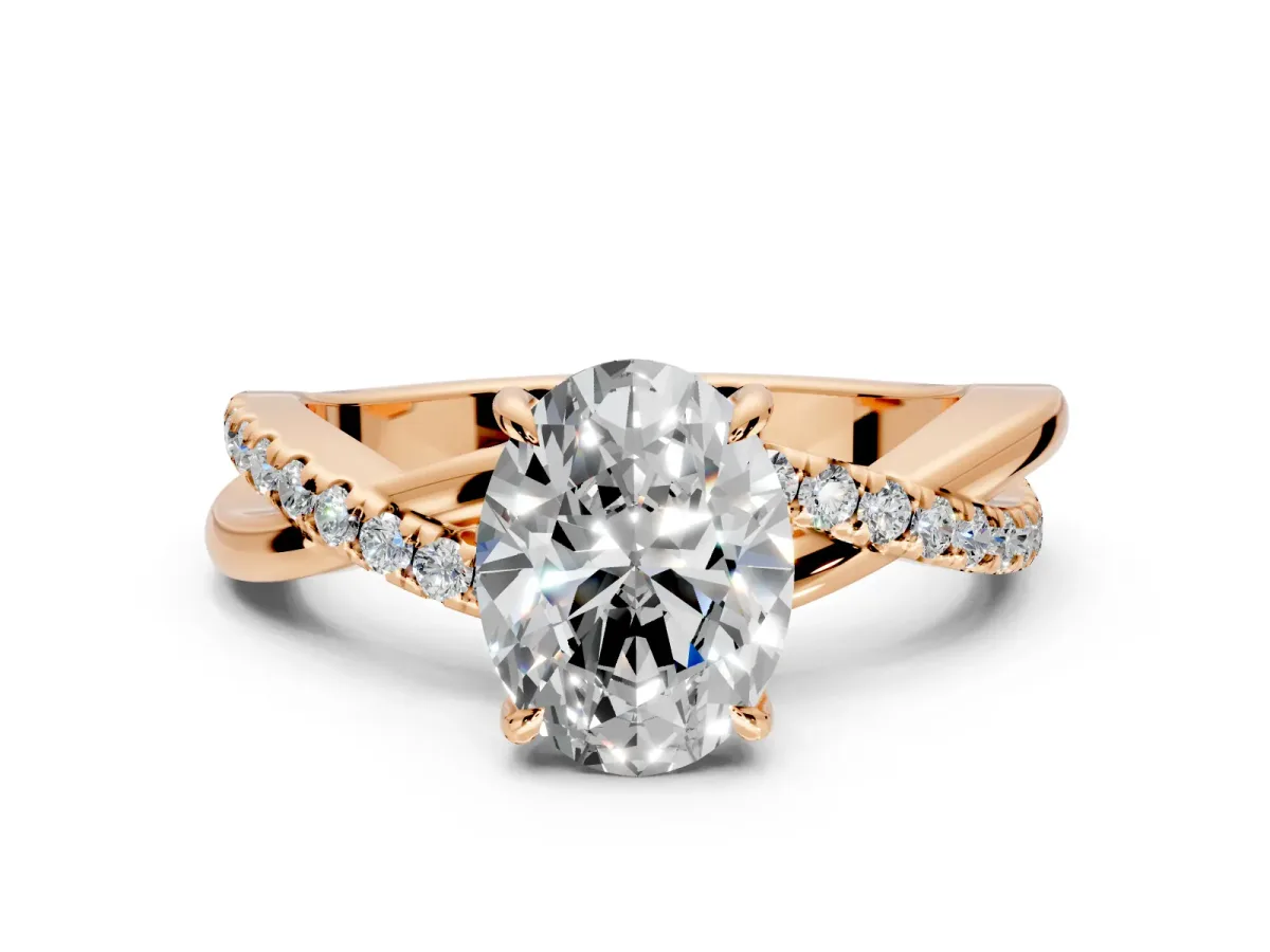 Crossover Engagement Ring Setting for Oval Center with Pave and Plain Strands and Prong Head in Rose Gold