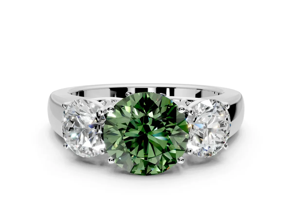 3 Stone Engagement Ring Setting for Fancy Green Round Cut Center with Raised Basket Heads and Prong Head in Platinum