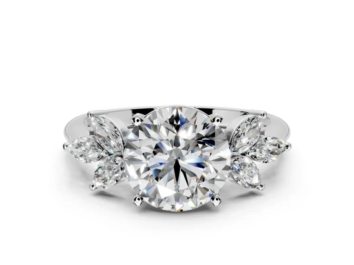 Floral Cluster Engagement Ring Setting for Round Cut Center with Marquise Accents and Prong Head in Sterling Silver