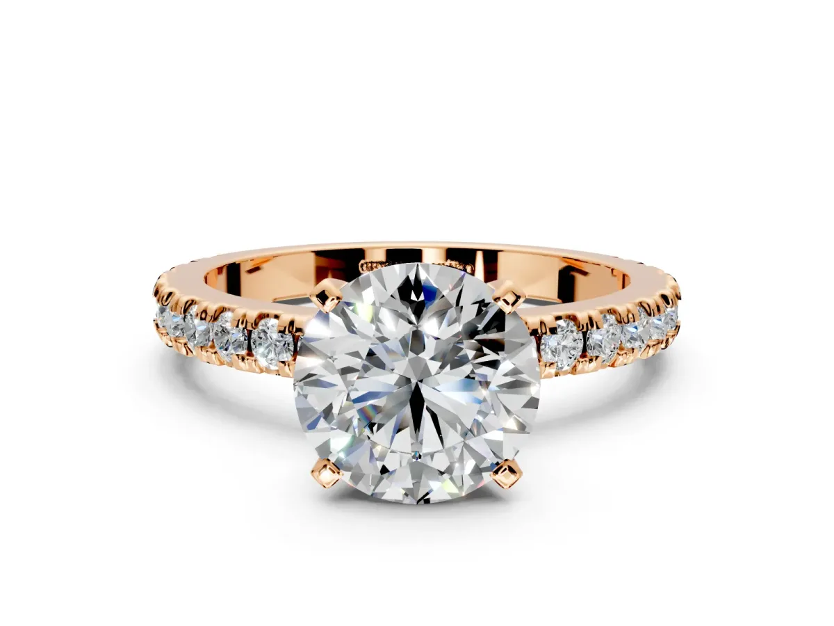 Solitaire Engagement Ring Setting for Round Cut Center with Fine Pave Band and Claw Prong Head in Rose Gold
