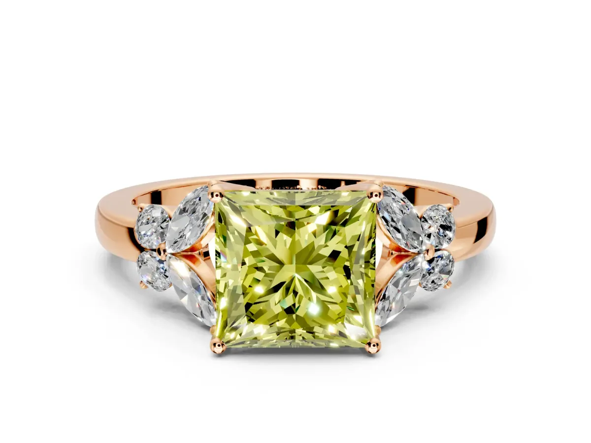 Solitaire Engagement Ring Setting for Fancy Yellow Princess Cut Center with Marquise Flower Shoulders and Prong Head in Rose Gold