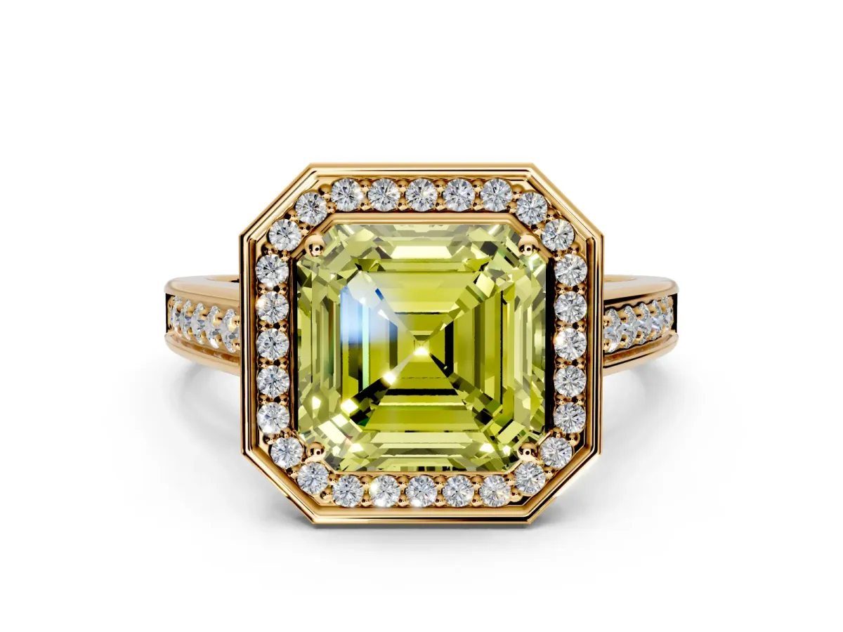 Halo Engagement Ring Setting for Fancy Yellow Asscher Cut Center with Outer Bezel Rim, Pave Band and Prong Head in Yellow Gold
