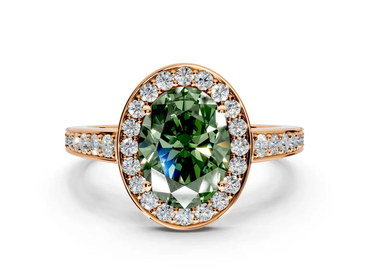 Bezel-Framed Halo Engagement Ring Setting for Fancy Green Oval Center with Pave Band and Prong Head in Rose Gold