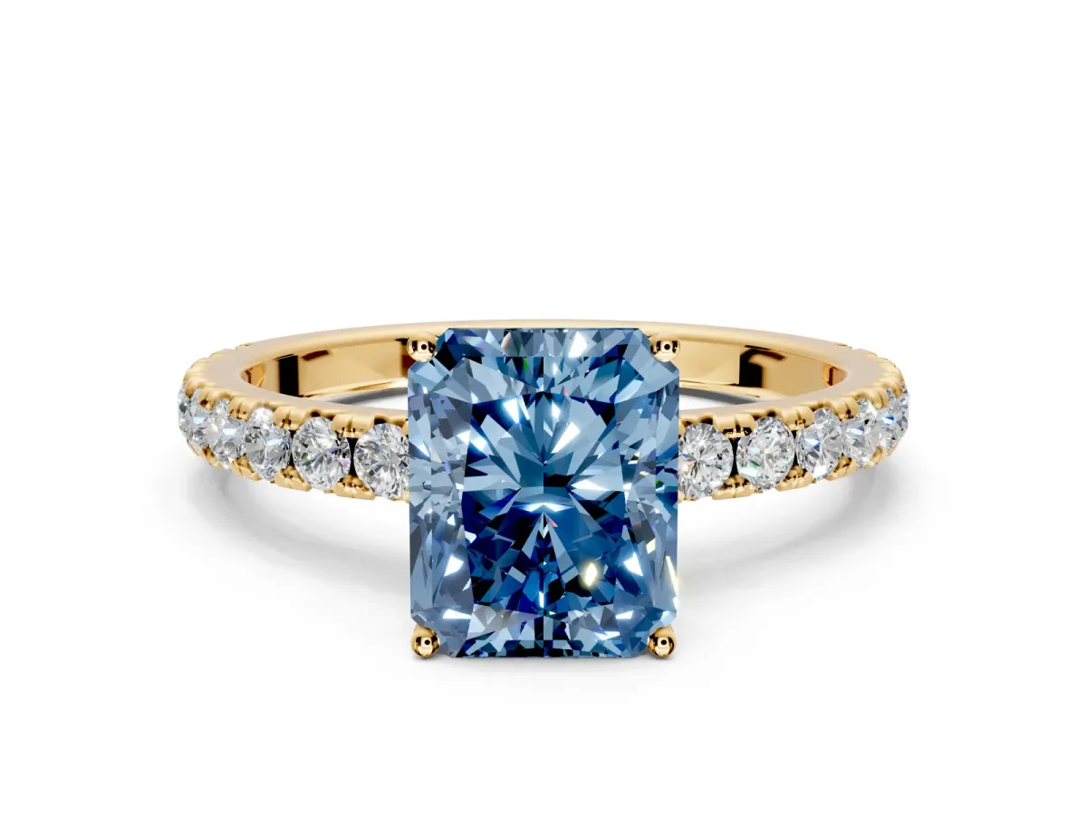 Solitaire Engagement Ring Setting for Fancy Blue Radiant Cut Center with Large Accent Band and Prong Head in Yellow Gold