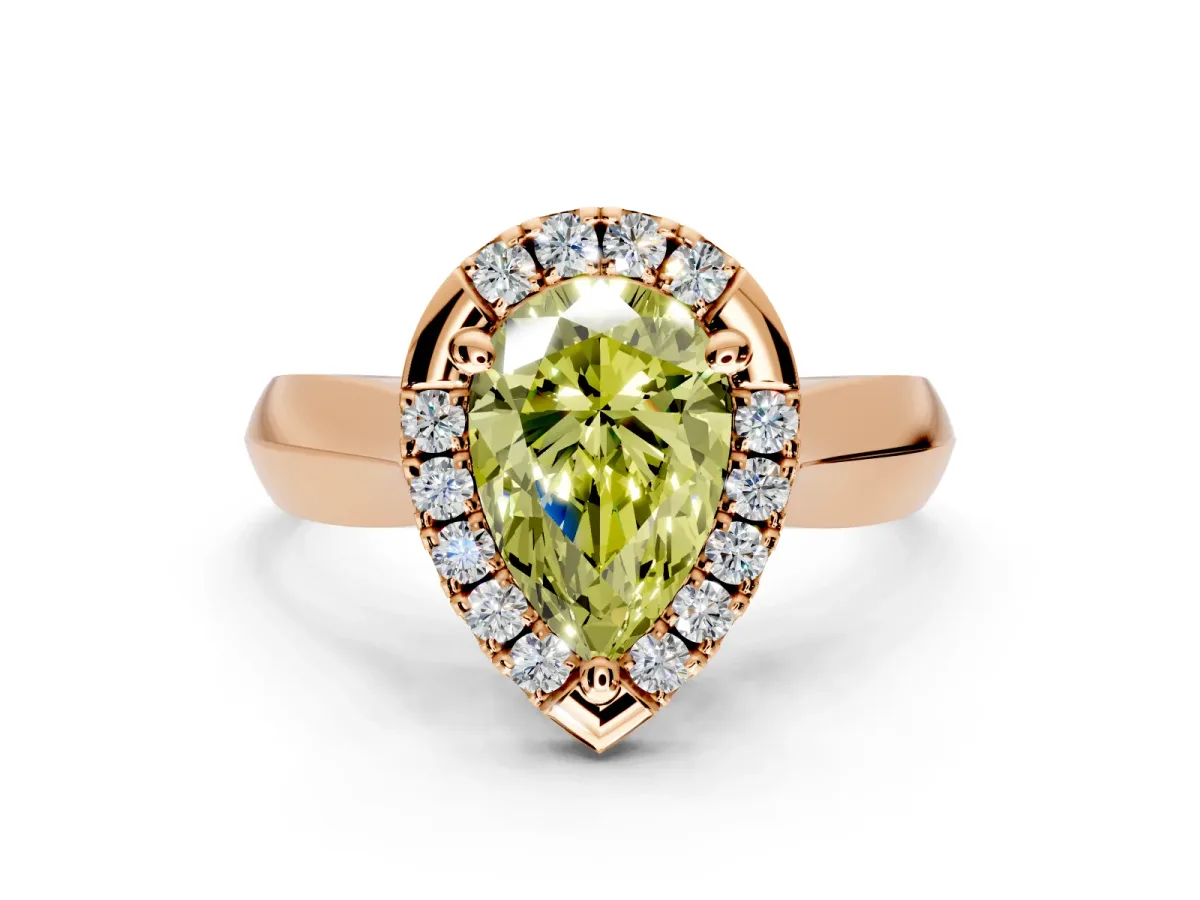 Halo Engagement Ring Setting for Fancy Yellow Pear-Shaped Center with Square Band and Prong Head in Rose Gold