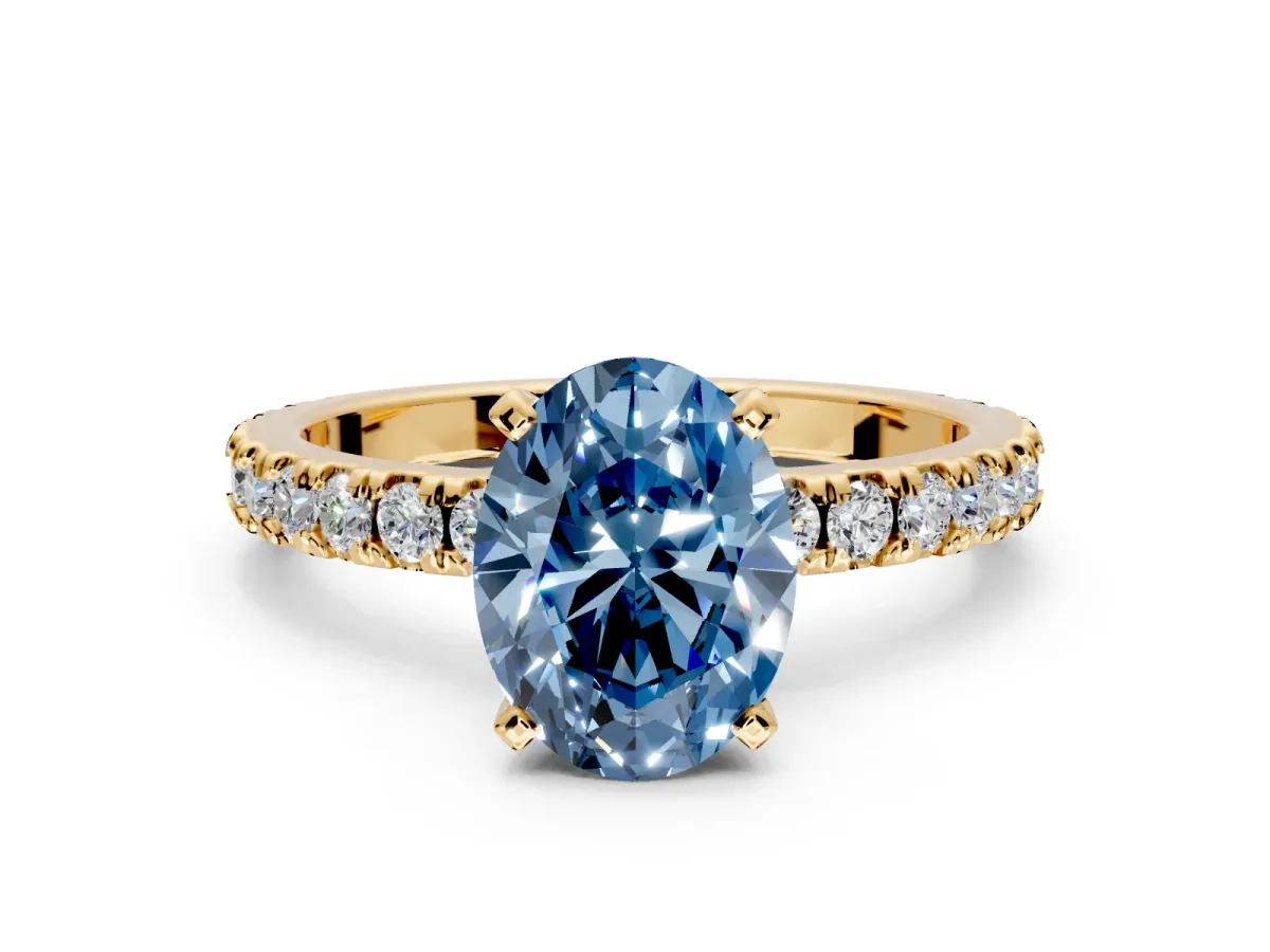Solitaire Engagement Ring Setting for Fancy Blue Oval Center with Fine Pave Band and Claw Prong Head in Yellow Gold