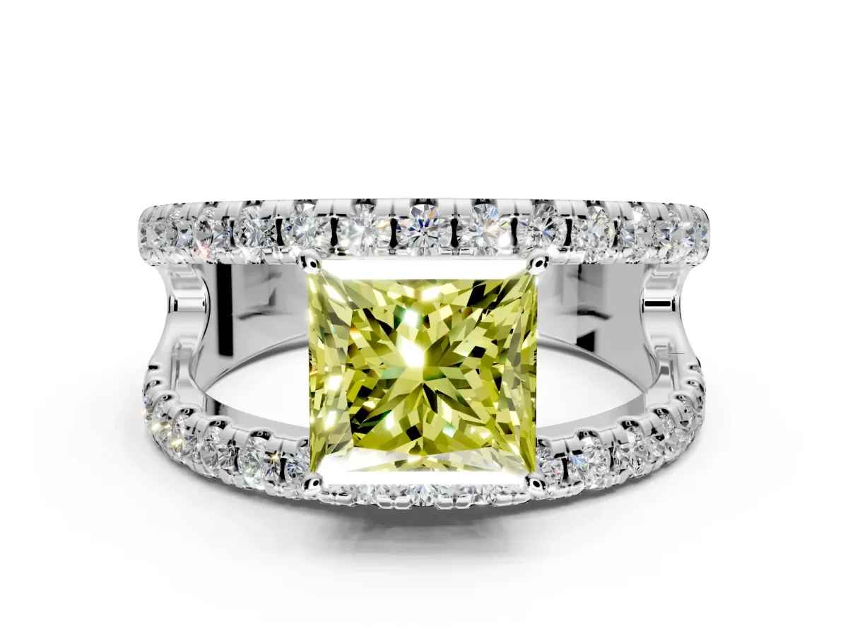 Solitaire Engagement Ring Setting for Fancy Yellow Princess Cut Center with Wide-Open Split Shank and Prong Head in Sterling Silver