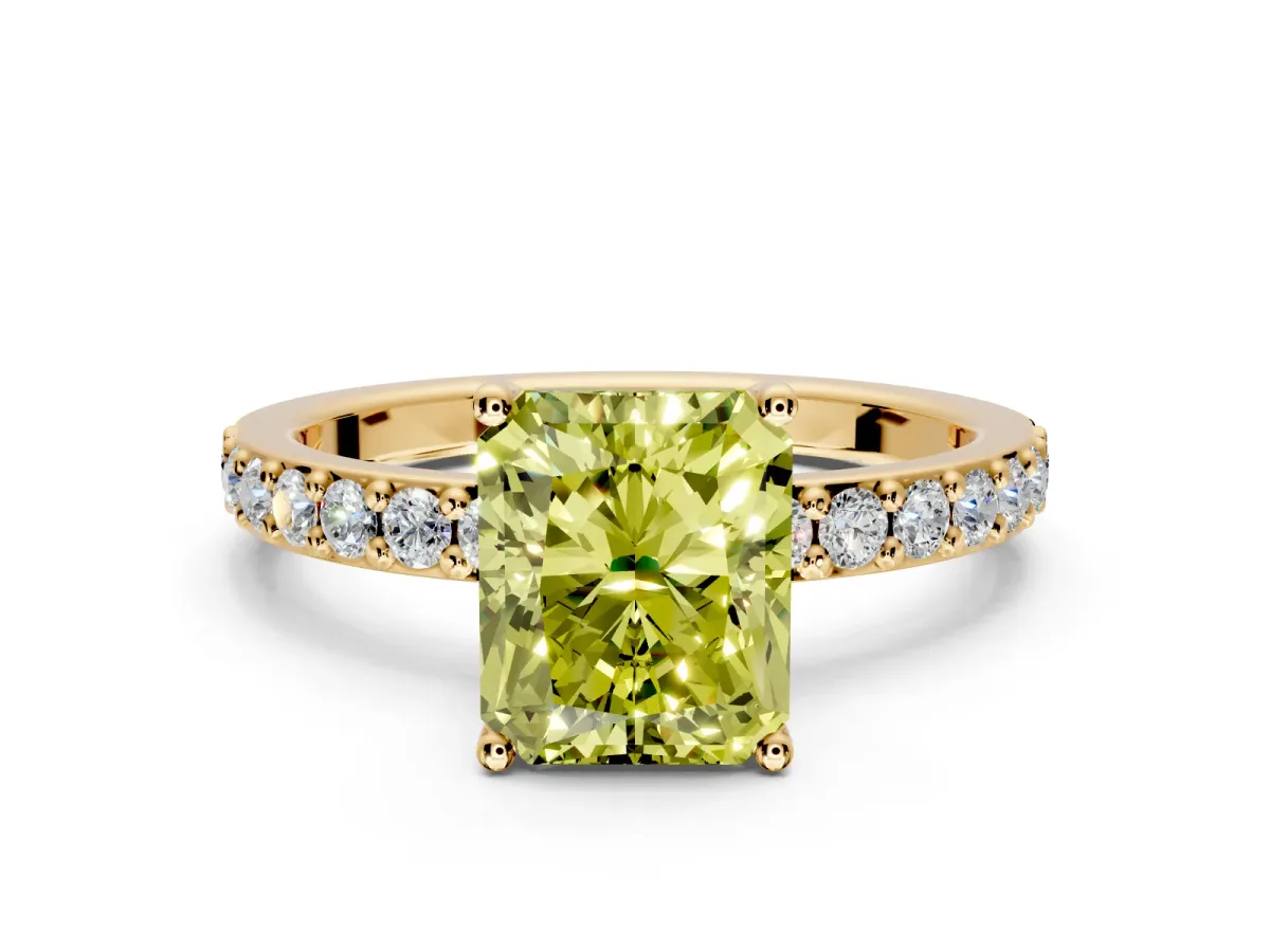Solitaire Engagement Ring Setting for Fancy Yellow Radiant Cut Center with Round Cut Pave Band and Prong Head in Yellow Gold