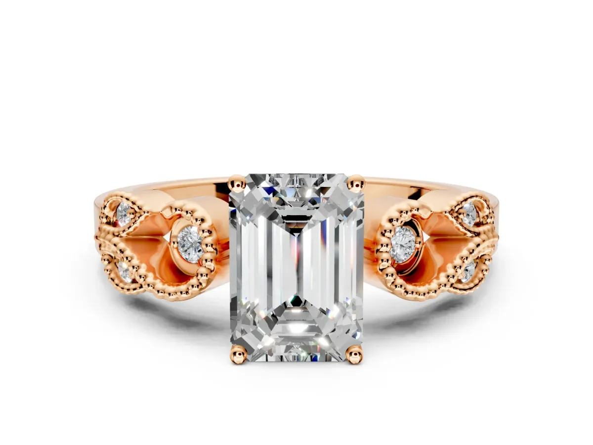 Leaf Engagement Ring Setting for Emerald Cut Center with Milgrain Accent Band and Prong Head in Rose Gold