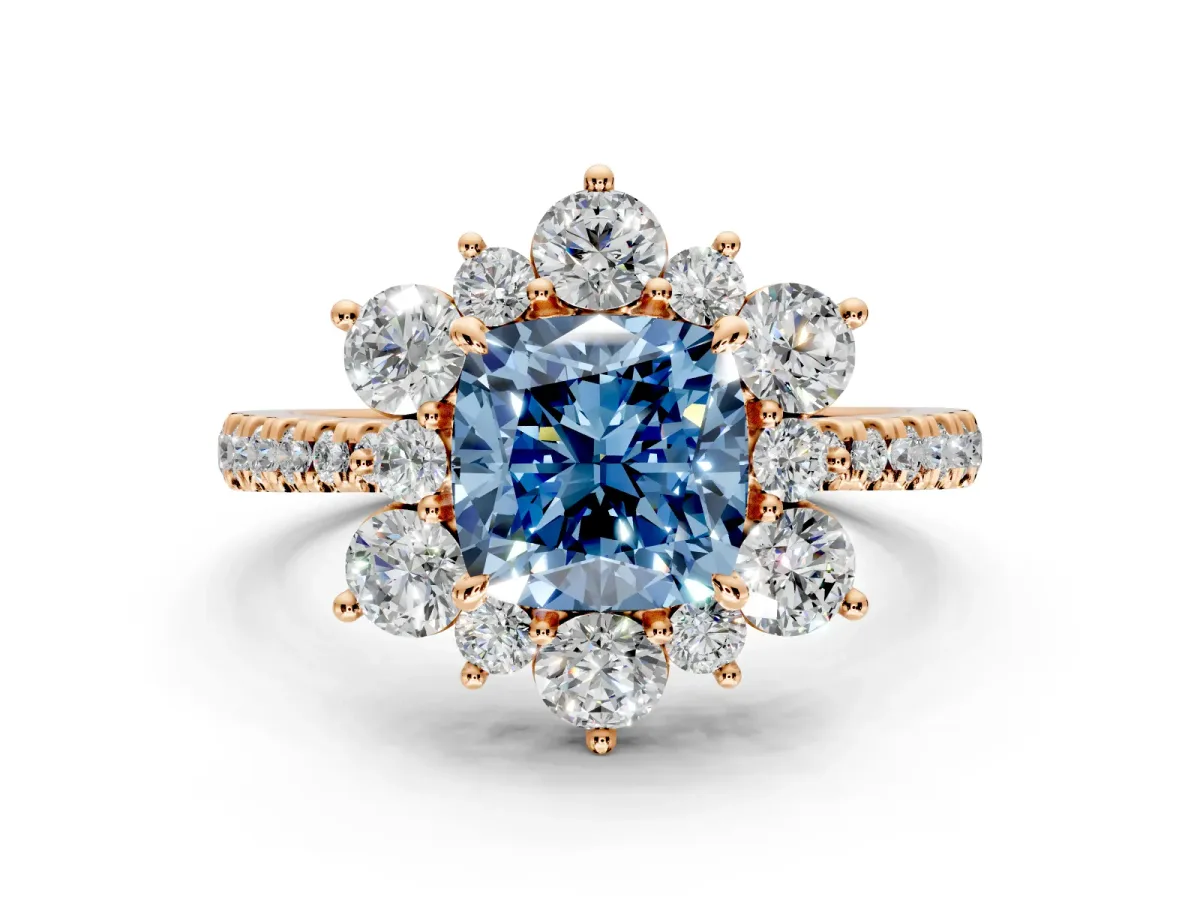 Floral Halo Engagement Ring Setting for Fancy Blue Cushion Cut Center with Pave Accents and Prong Head in Rose Gold