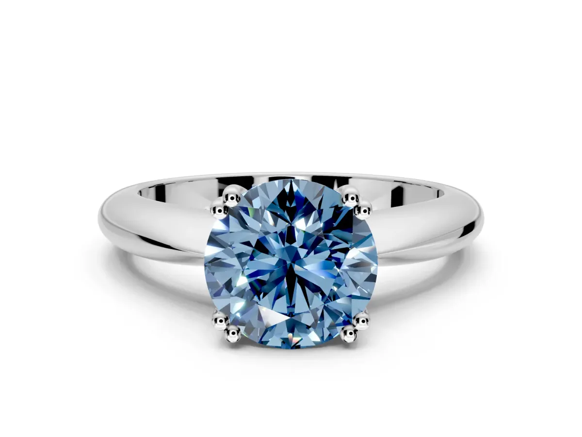 Solitaire Engagement Ring Setting for Fancy Blue Round Cut Center with Reverse Tapered Band and Prong Head in Sterling Silver