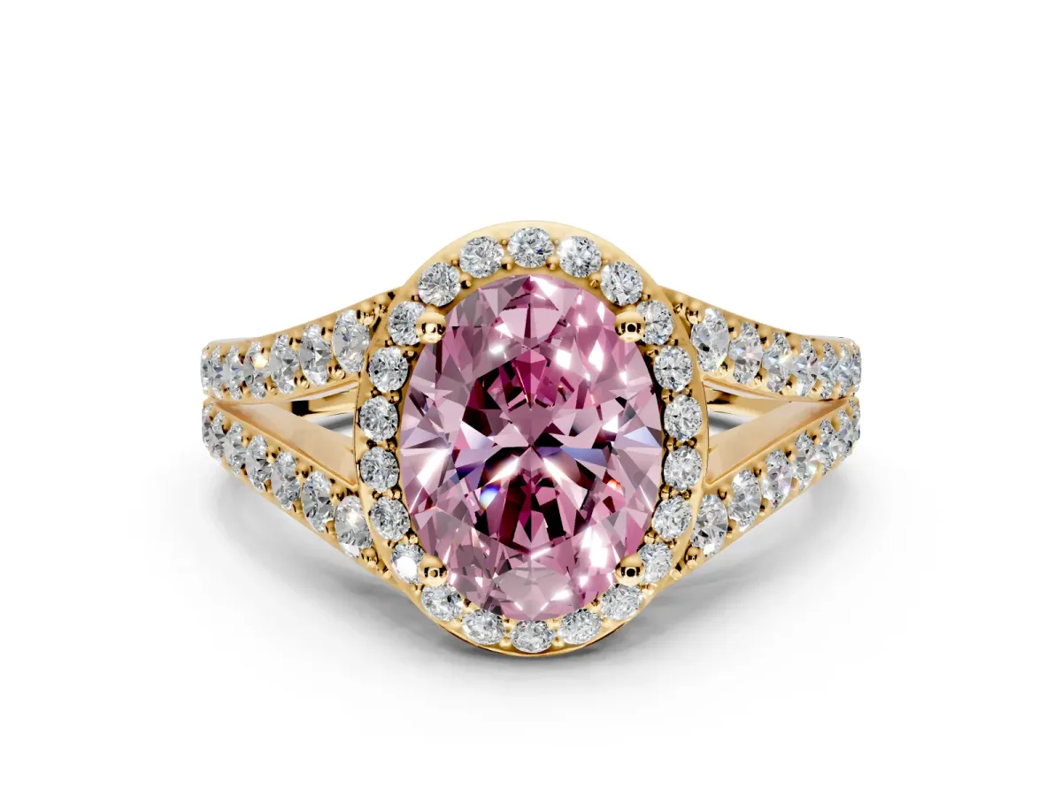 Halo Engagement Ring Setting for Fancy Pink Oval Center with Narrow Pave Split Shank and Prong Head in Yellow Gold