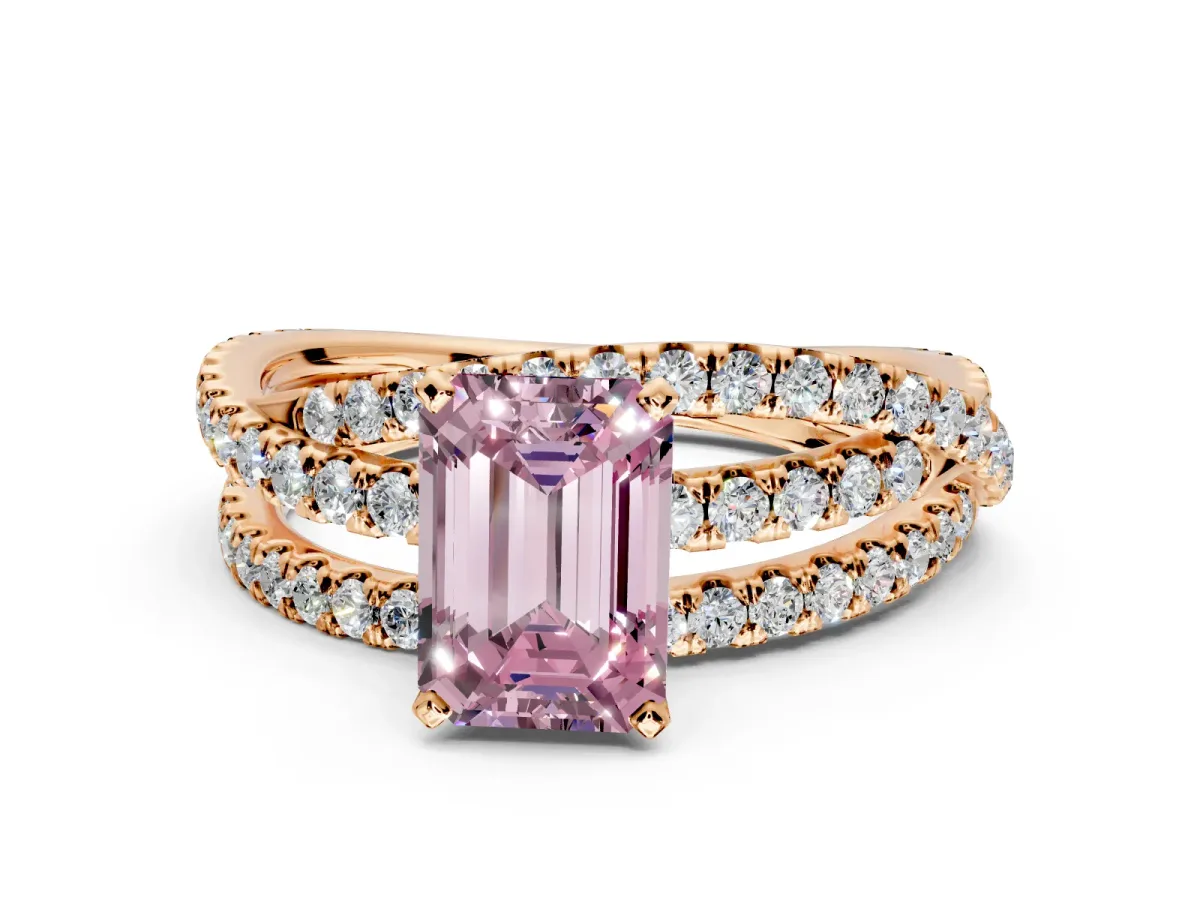 Solitaire Engagement Ring Setting for Fancy Pink Emerald Cut Center with Woven 3-Strand Pave Band and Prong Head in Rose Gold