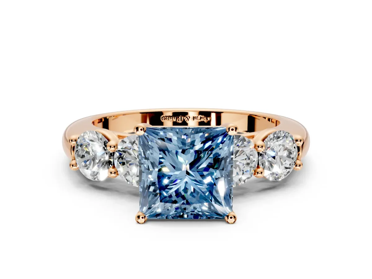 5 Stone Engagement Ring Setting for Fancy Blue Princess Cut Center with Graduated Accents and Prong Head in Rose Gold
