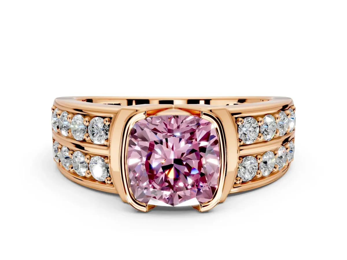 Bezel Engagement Ring Setting for Fancy Pink Cushion Cut Center with Wide Channel-Set Band and Bezel Head in Rose Gold