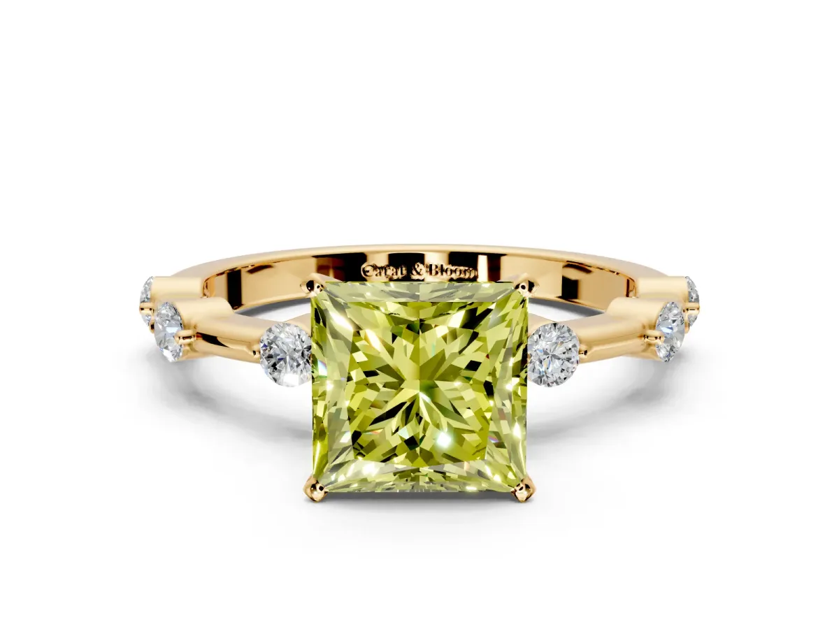 Solitaire Engagement Ring Setting for Fancy Yellow Princess Cut Center with Bezel Station Band and Prong Head in Yellow Gold