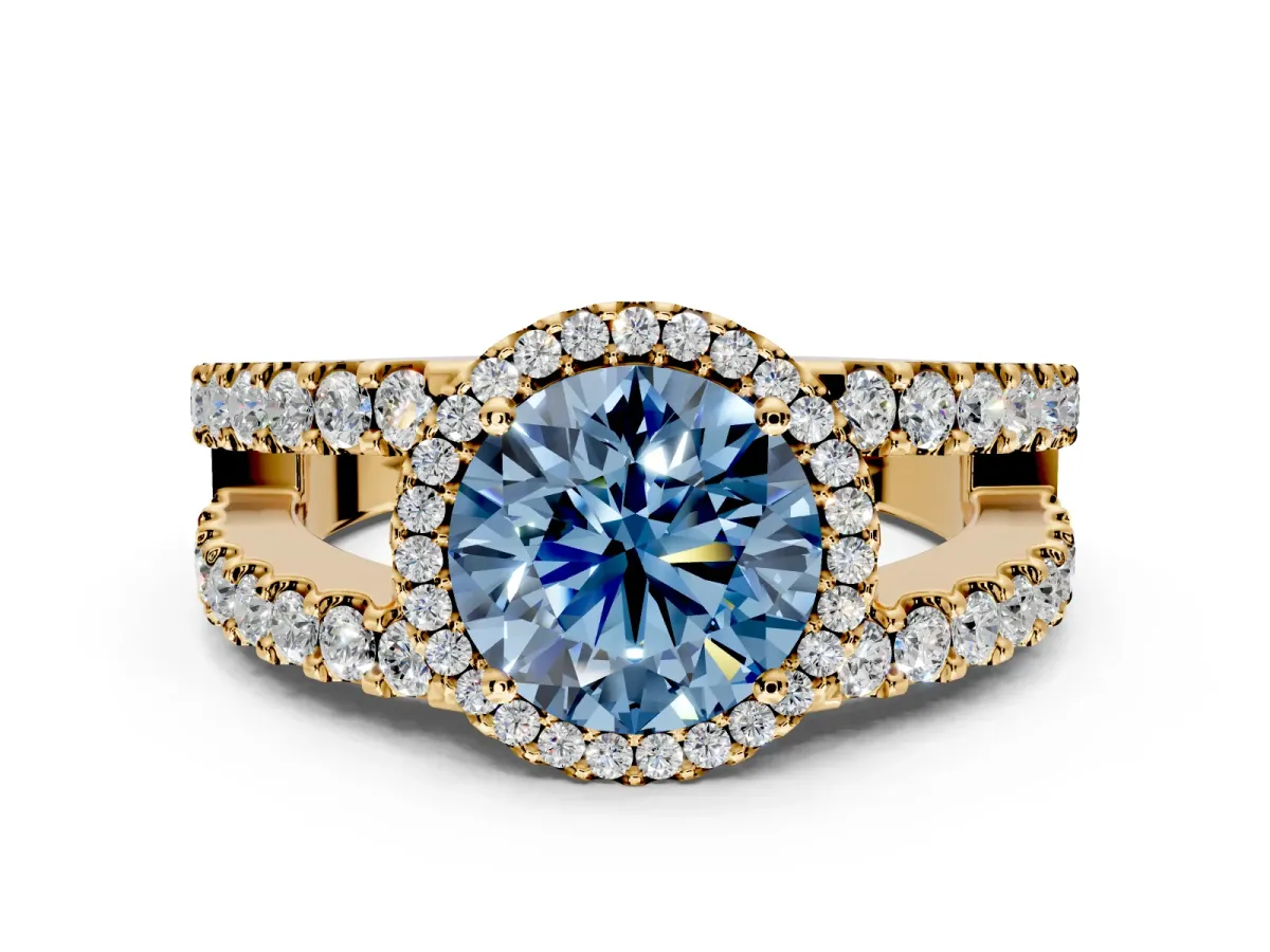 Halo Engagement Ring Setting for Fancy Blue Round Cut Center with Wide-Open Pave Split Shank and Prong Head in Yellow Gold