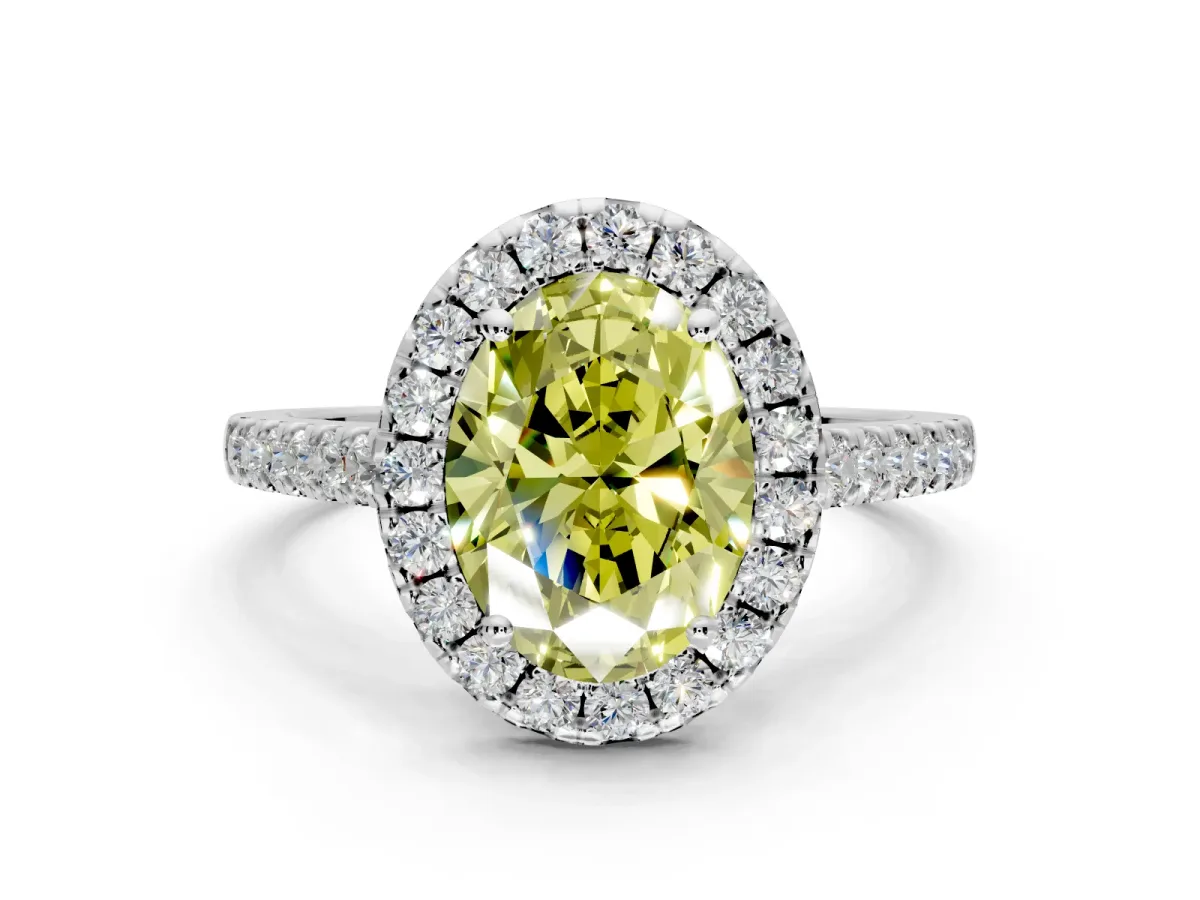 Halo Engagement Ring Setting for Fancy Yellow Oval Center with Narrowing Pave Band and Prong Head in White Gold