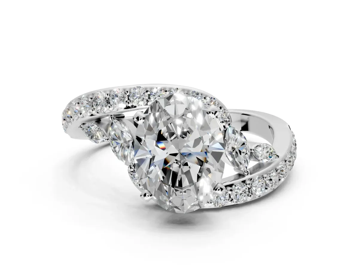 Solitaire Engagement Ring Setting for Oval Center with Pave Bypass Twist Band and Prong Head in White Gold