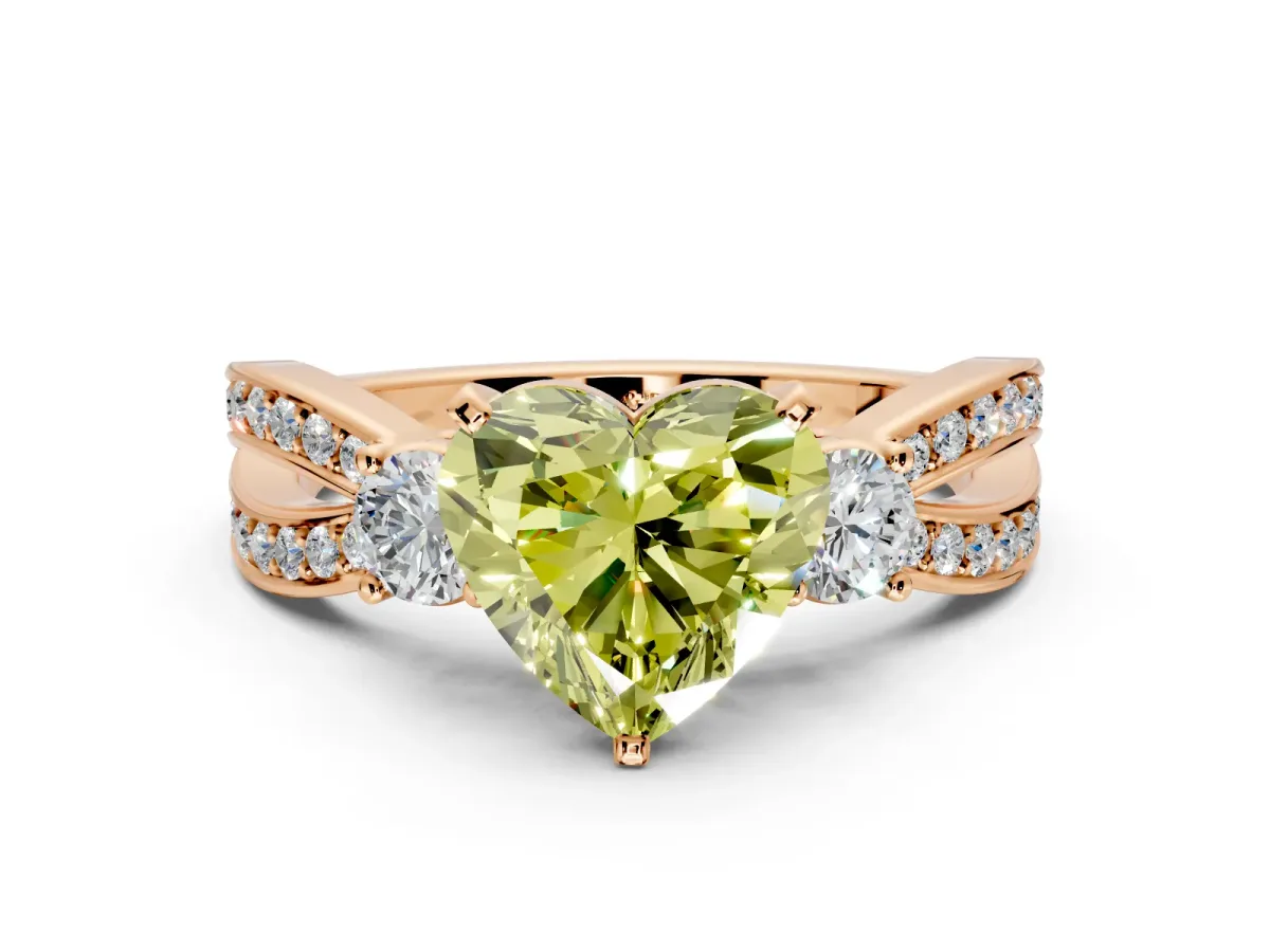 3 Stone Engagement Ring Setting for Fancy Yellow Heart-Shaped Center with Pave Twist Band and Prong Head in Rose Gold