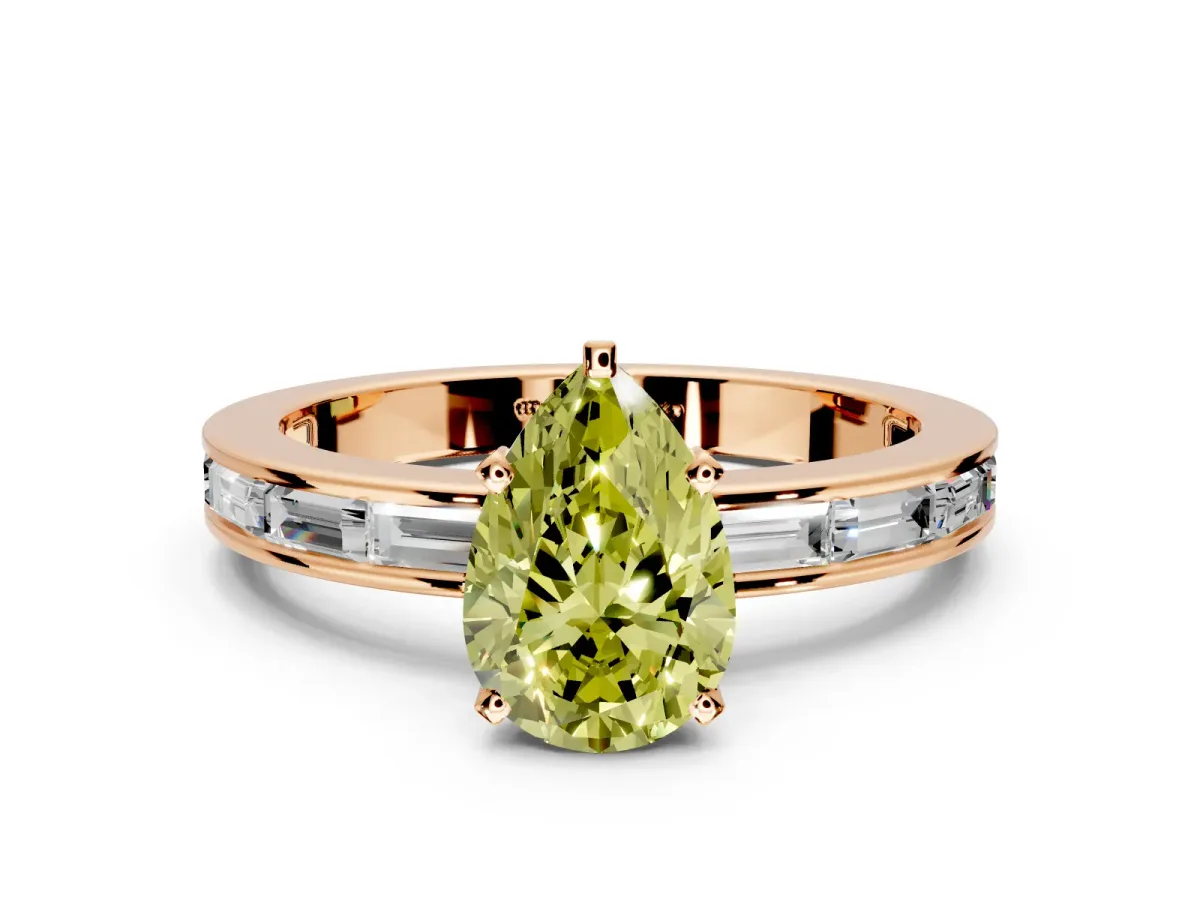 Solitaire Engagement Ring Setting for Fancy Yellow Pear-Shaped Center with Channel Baguette Band and Prong Head in Rose Gold